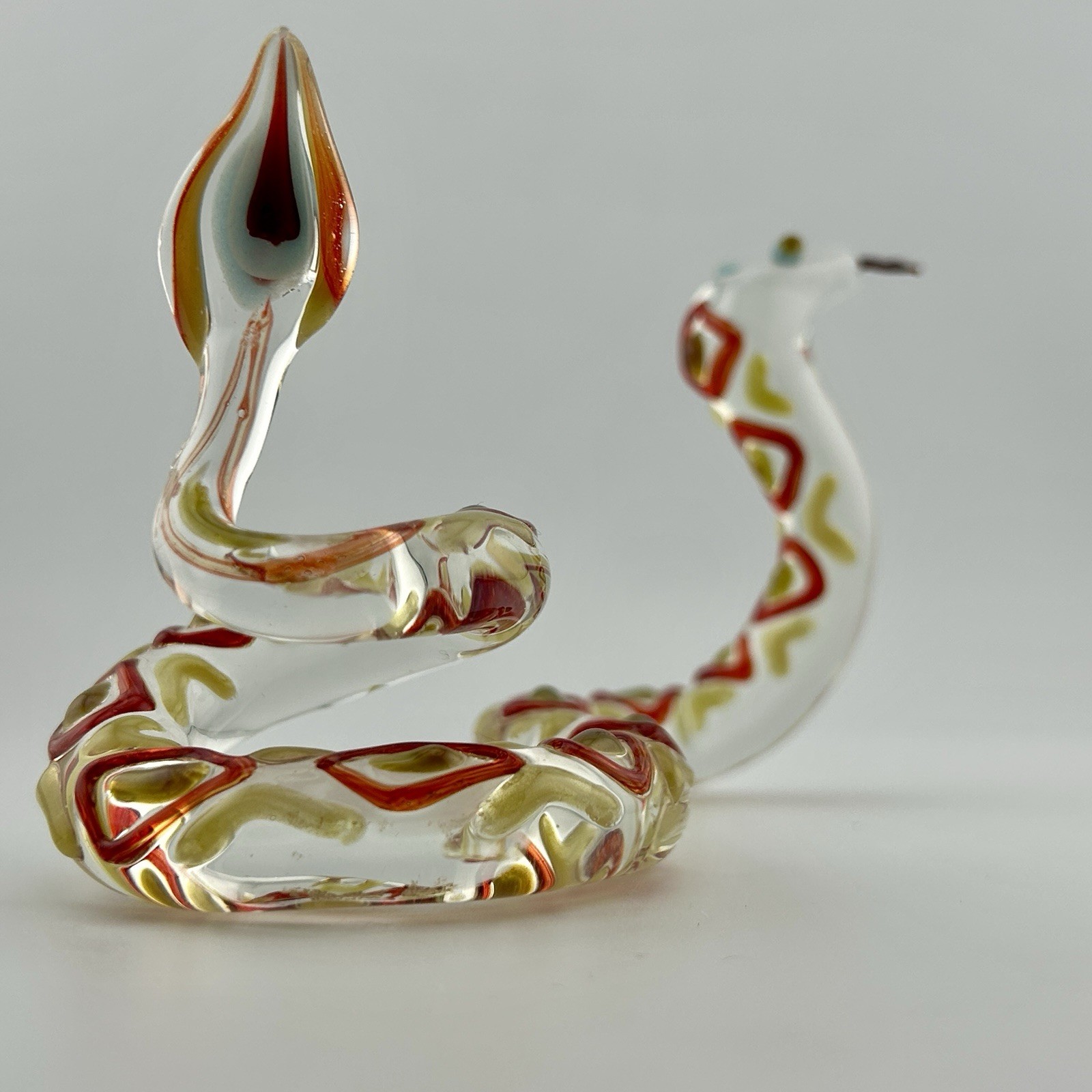Murano Style Art Glass Rattlesnake Figurine Red Yellow 1990s Vintage
