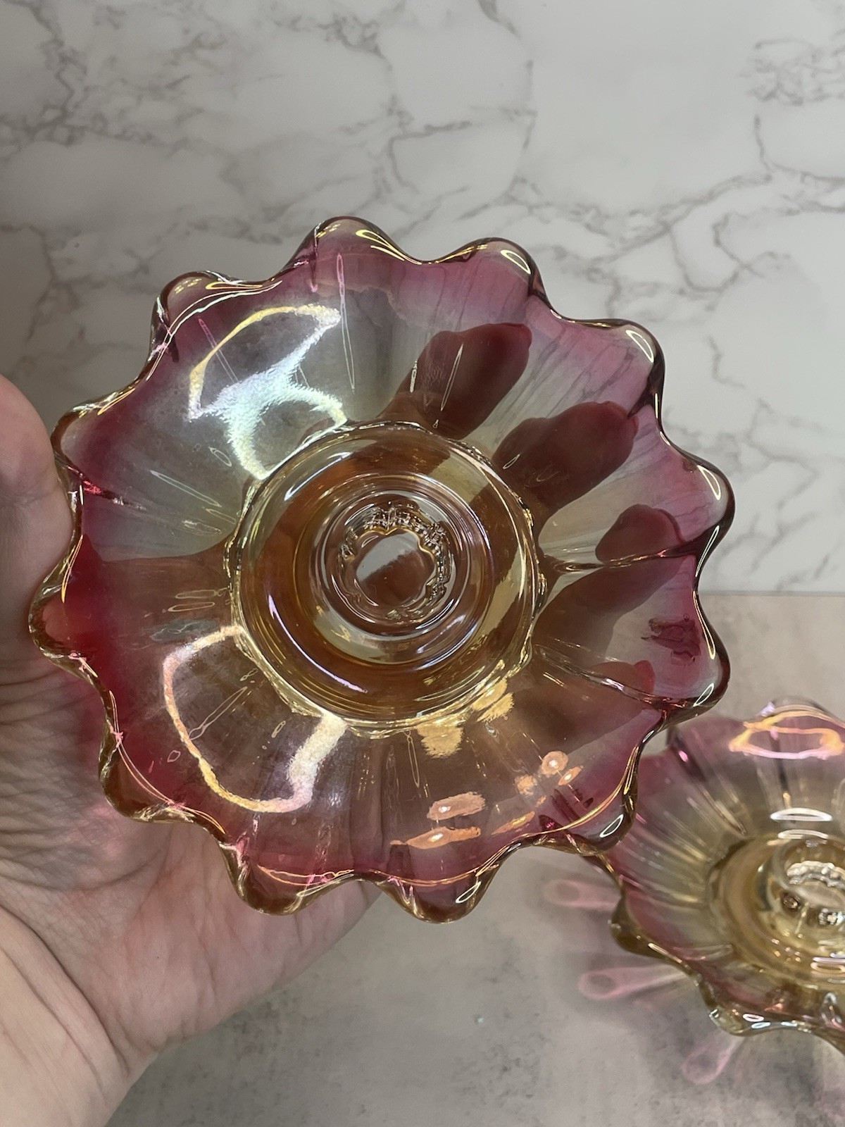 Vtg Set of 2 Federal Glass Iridescent Colors Glass Candlestick Holders Vintage