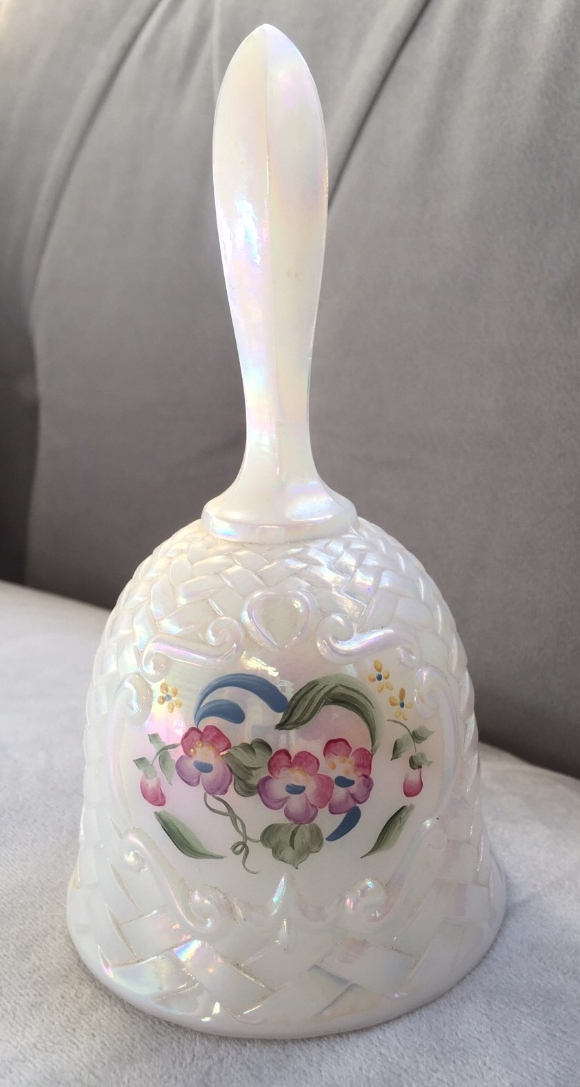 Fenton Milk Glass Bell, Carnival Glass, Hand painted By S. Hopkins, 1990’s