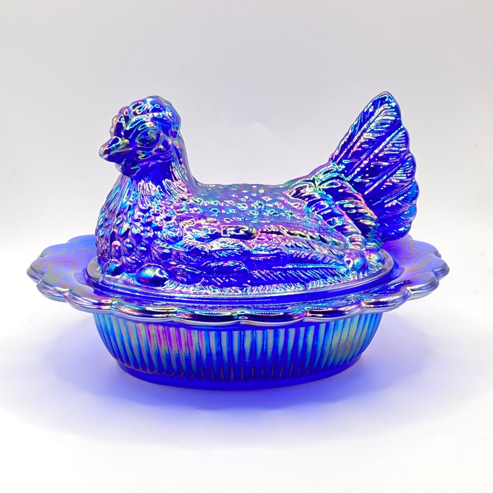 Mosser Cobalt Blue Carnival Glass Hen on Nest Chicken Dish