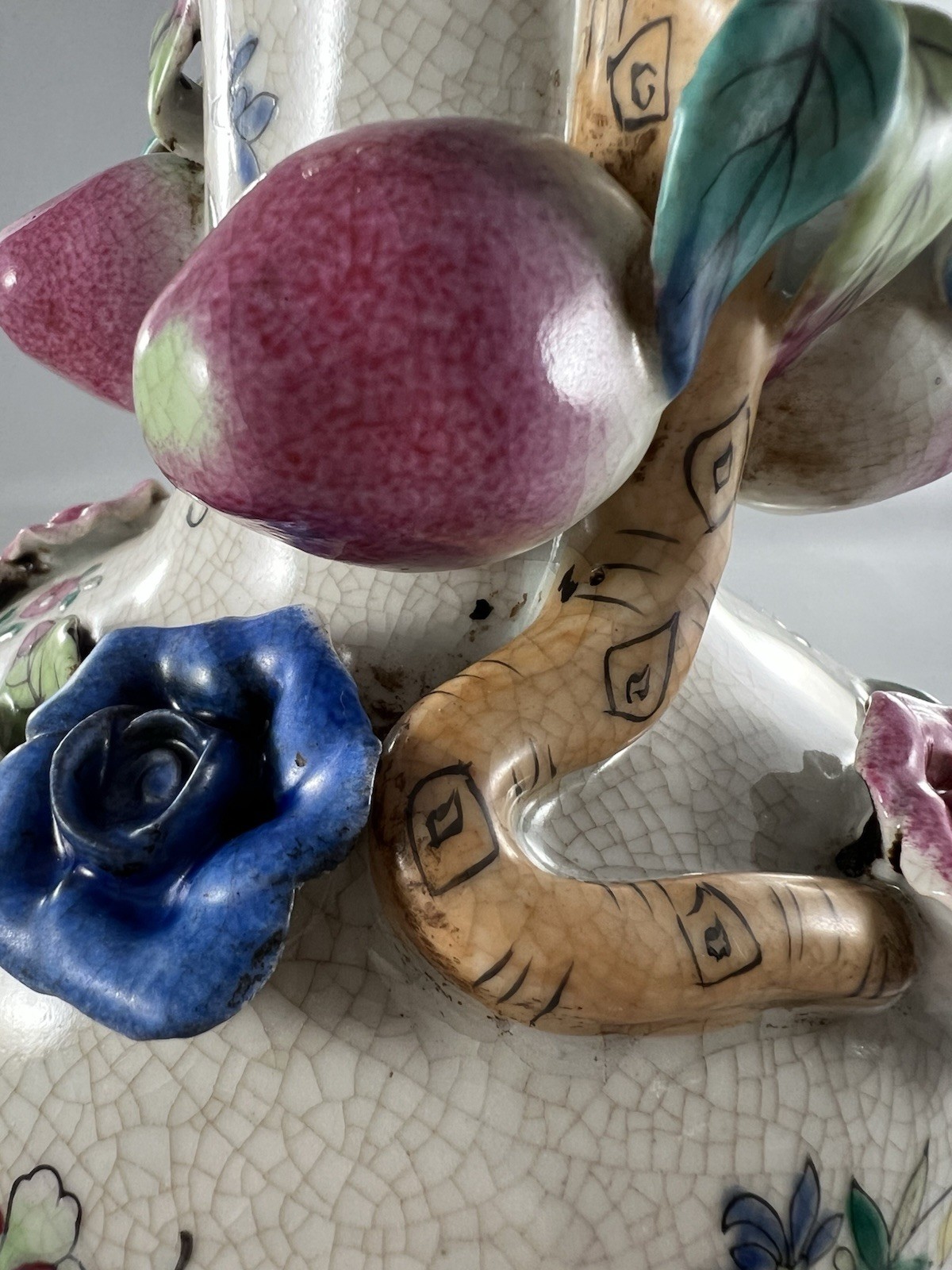 Vtg Amita Chinese Hand Painted Pottery Vase With Crackle Finish. Fruit Statement