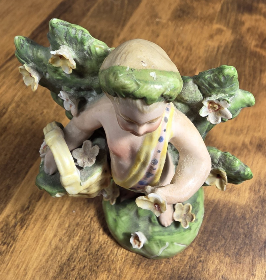 Antique German Porcelain Cherub Putto Figurine Bocage Flower Basket c1900 4.25″