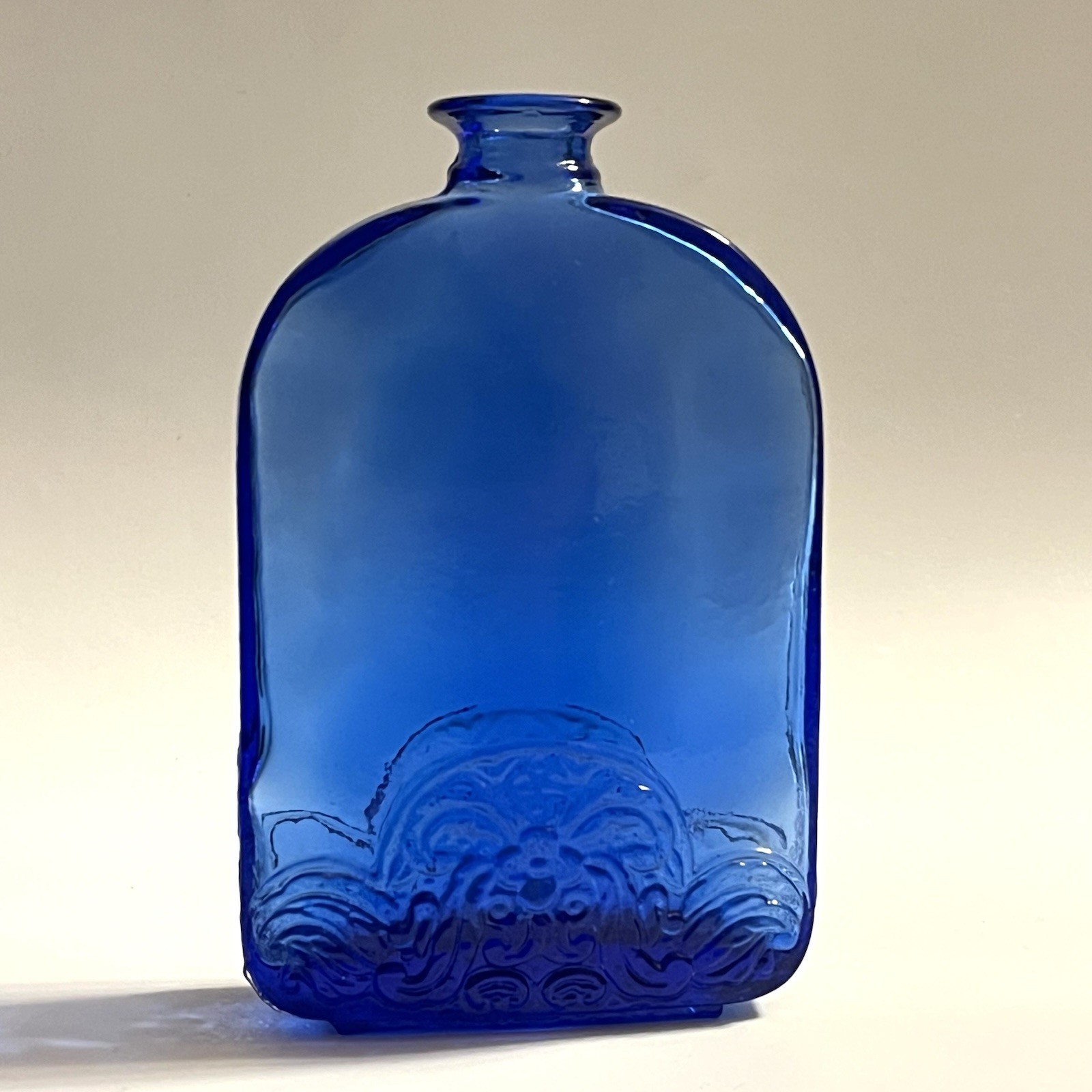 Vidrios de Levante Floral Embossed Cobalt Blue Recycled Glass Bottle SPAIN 5.5”H