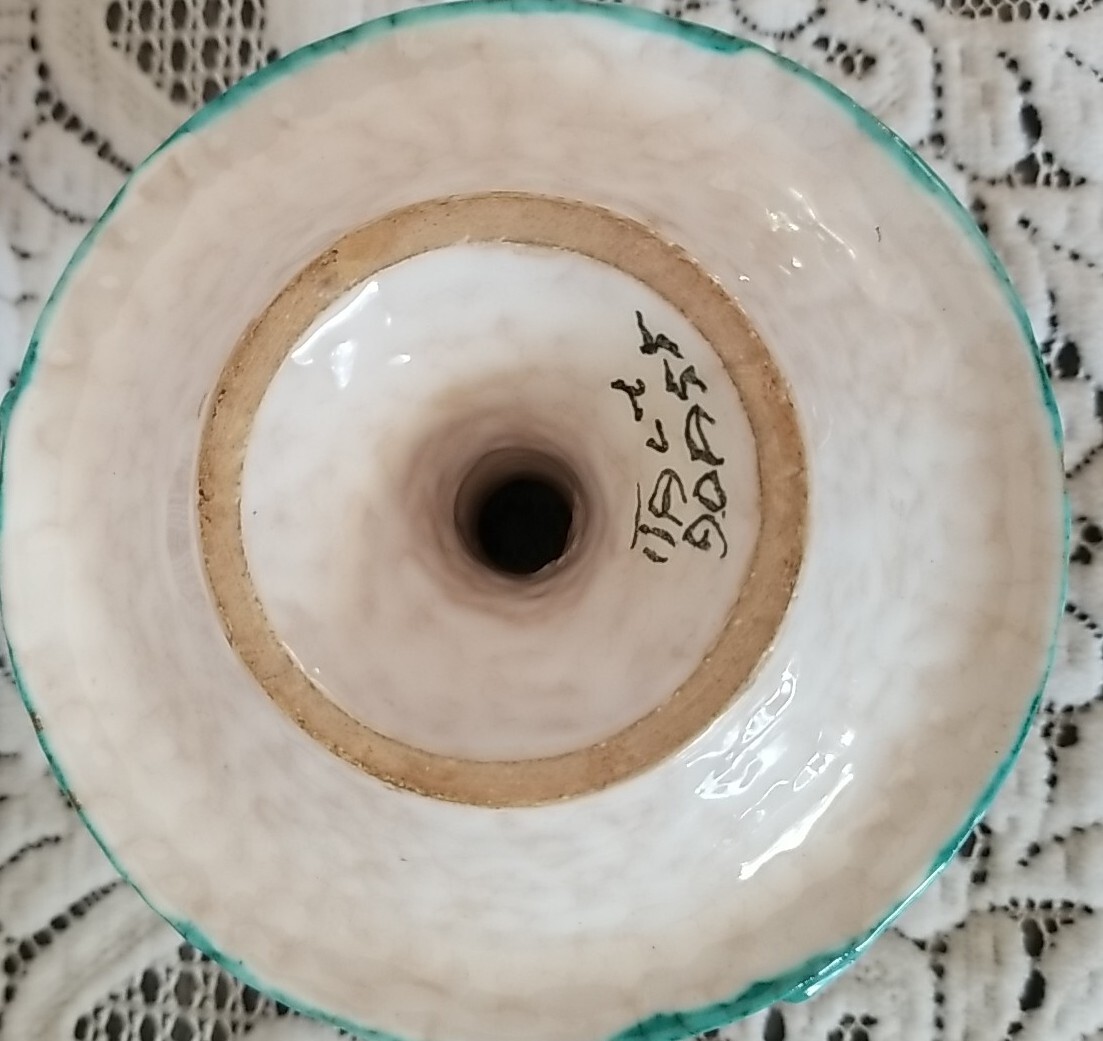 Candle Holder Pottery Blue Green Textured Brown Glaze Italy Signed
