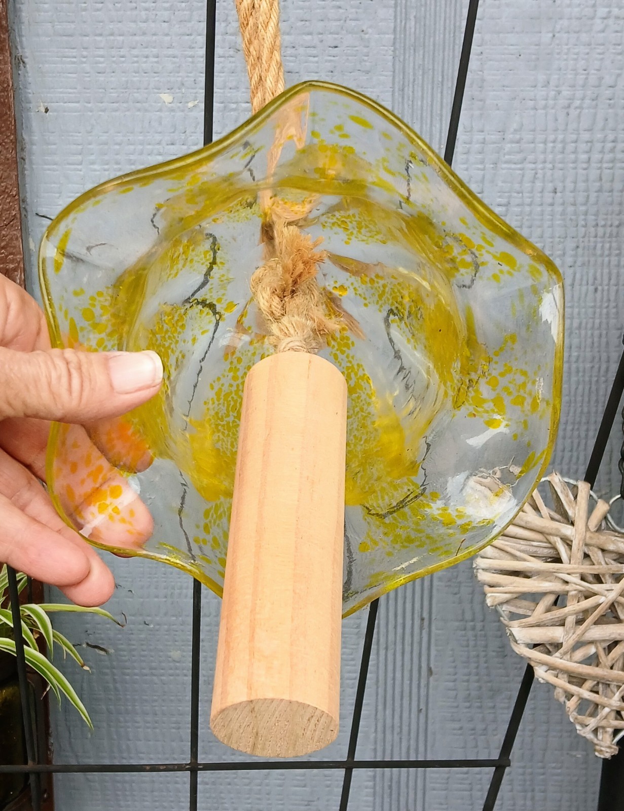 Yellow Clear Glass Hanging Bell Wind Chime Wood Clapper