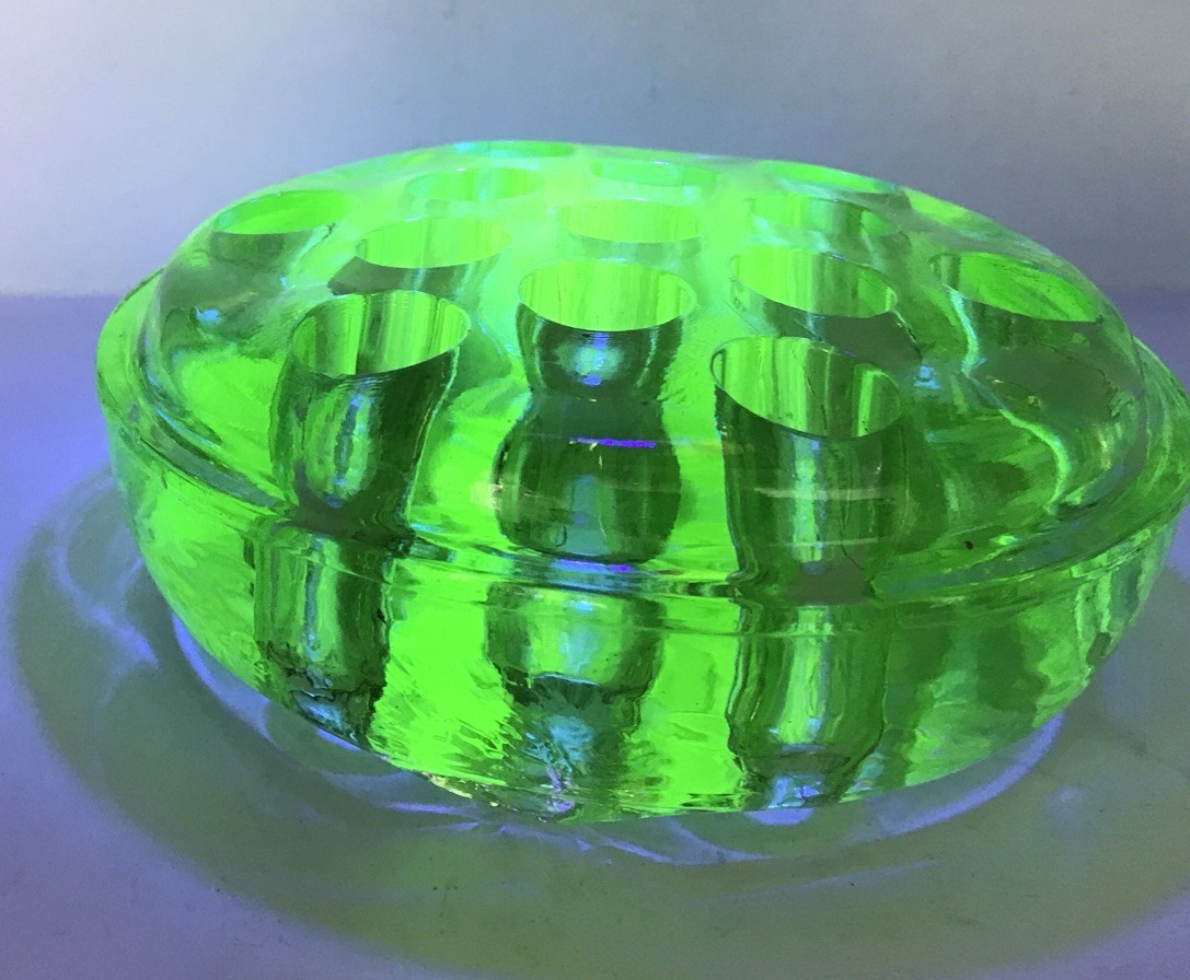 Uranium Green Glass Footed Flower Frog Heavy 13 Holes 4.75 In Vintage