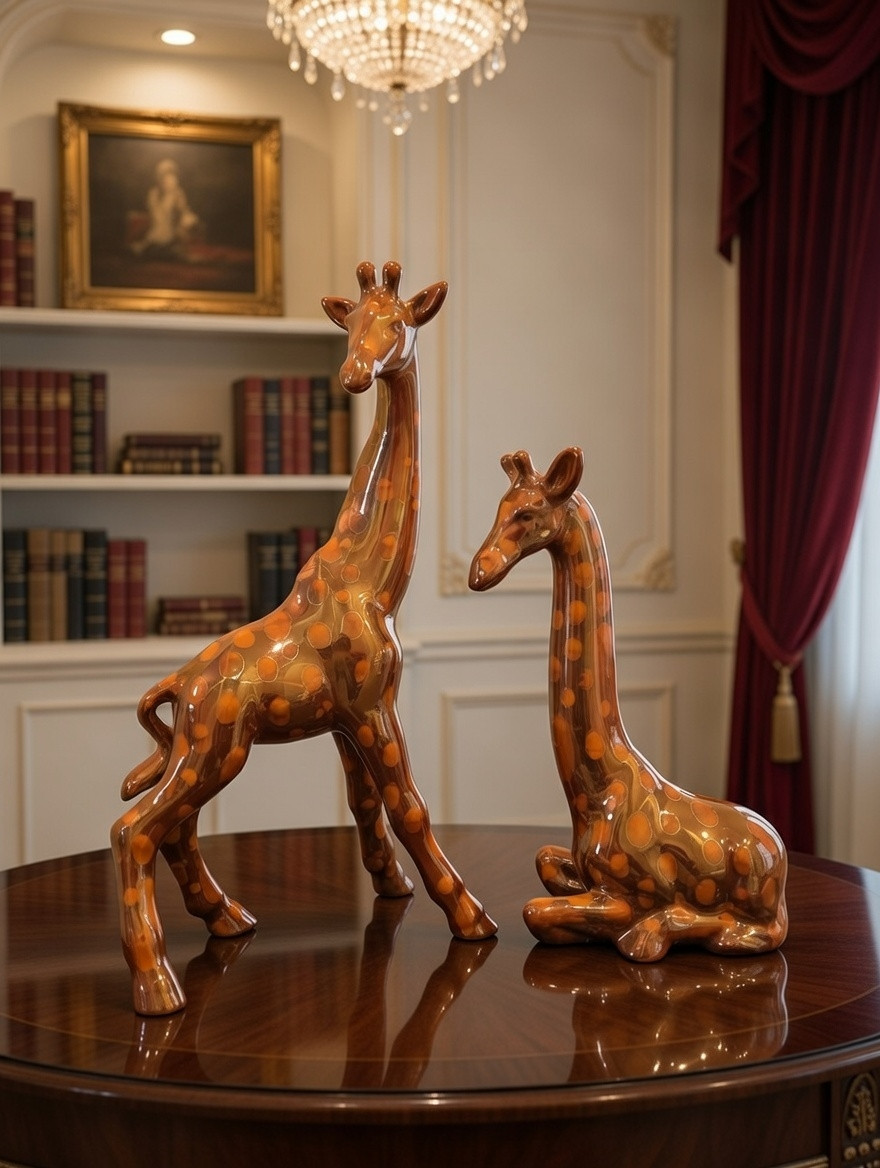 Vintage MCM Ceramic Giraffe Figurines Pair Orange Polka Dot Spots Glossy 15″ 11″