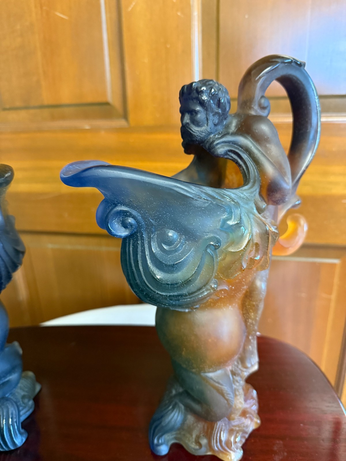 Daum Pate de Verre amber and blue frosted glass “Mythologie” pitcher Female/Male
