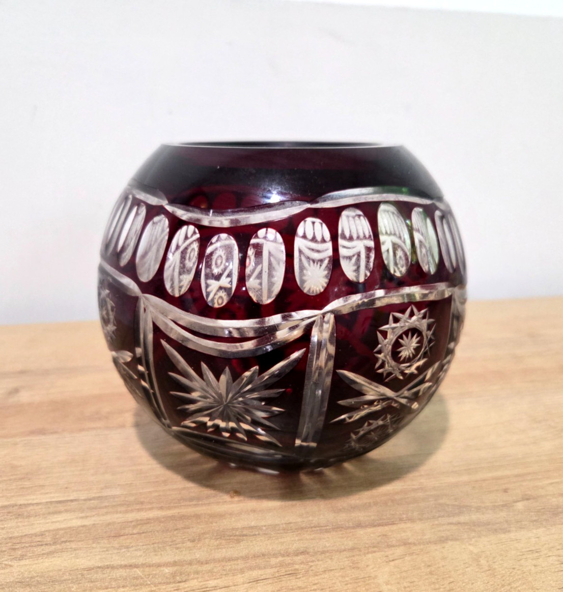 Vintage Bohemian Czech Crystal Cranberry Cut To Clear Bowl 5”