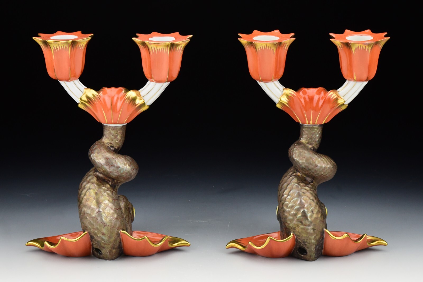 Pair Herend Porcelain Candlesticks Rust Koi Fish Dolphin 2-Lite 7933