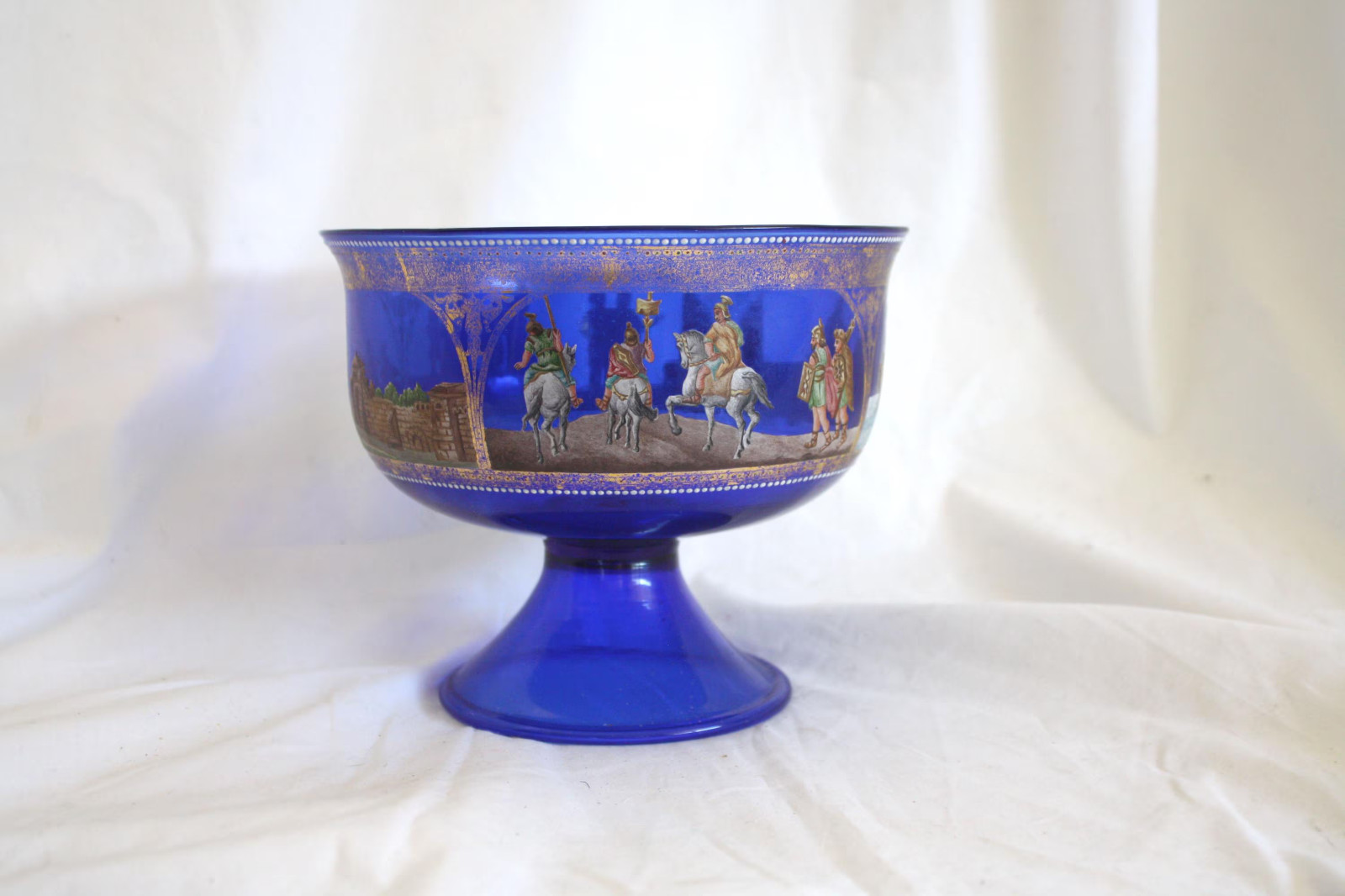 Rare Early 1900s Venetian Cobalt Blue Glass Coppa Barovier Gilt Enameled Chalice