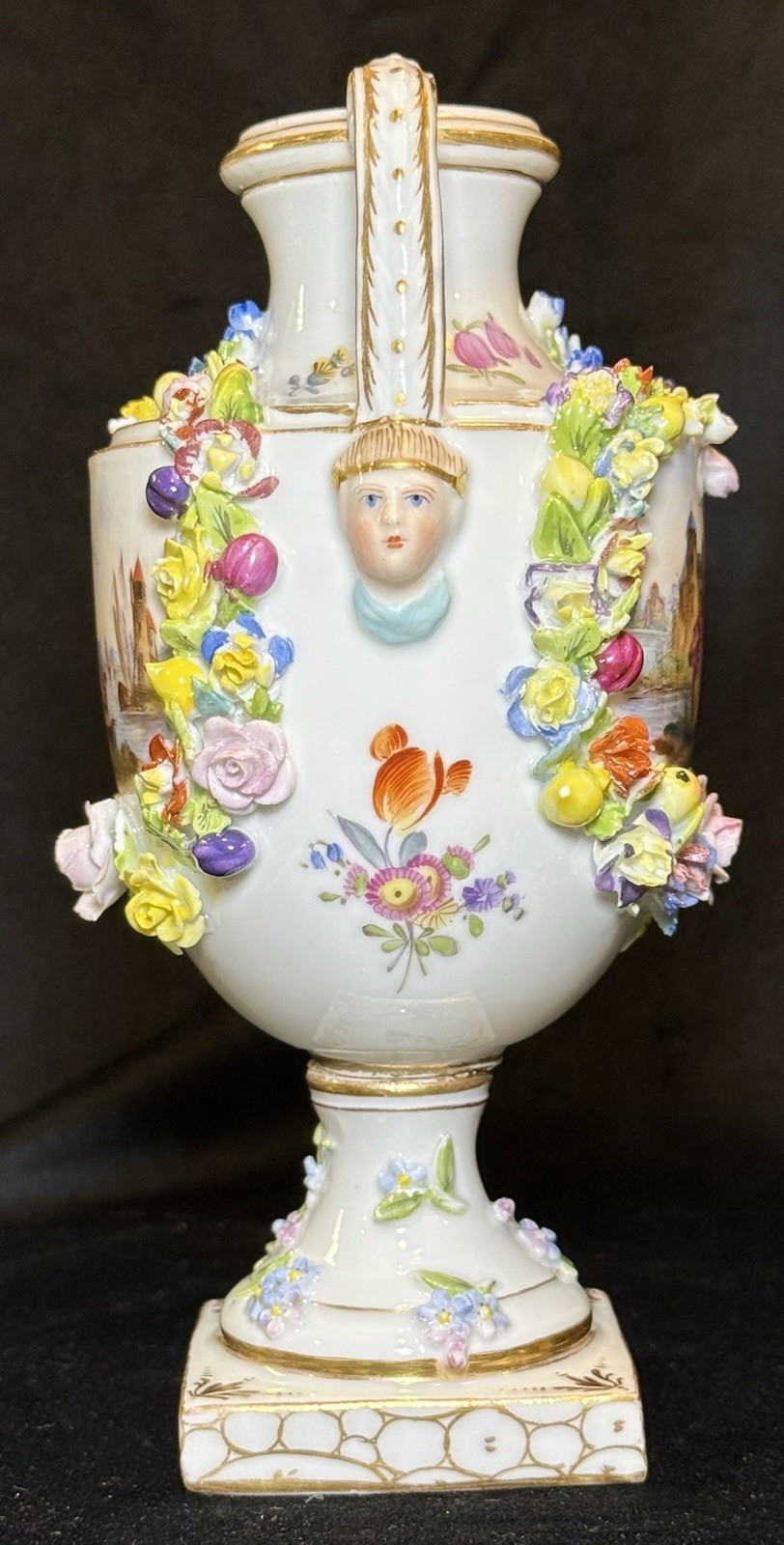 Antique Carl Thieme at Potschappel porcelain urn Hand Painted W/Applied Flowers