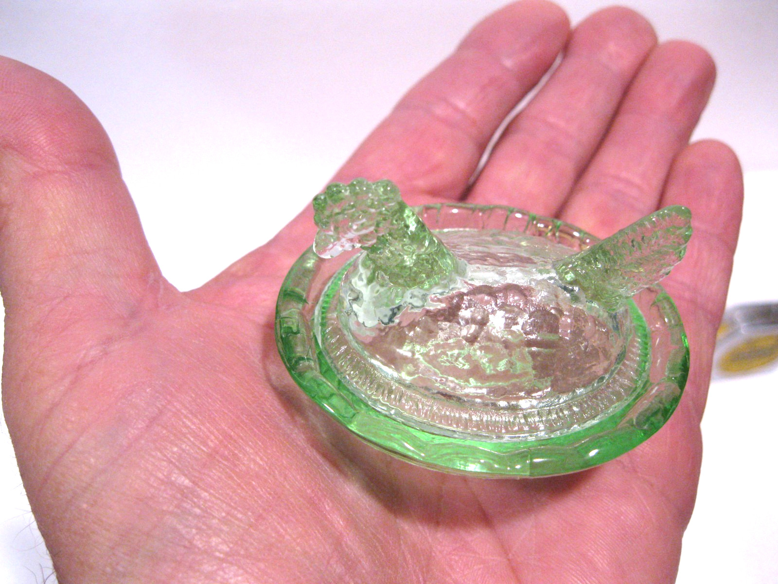 Get a DOZEN for one Price. NEW 2 1/2″ Mini HEN on NEST, GREEN GLASS.