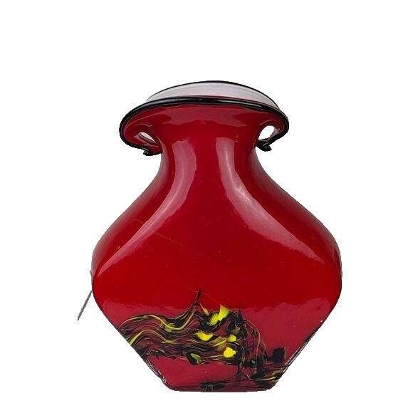 Art Glass Red Black Swirl Vase Polished Base China