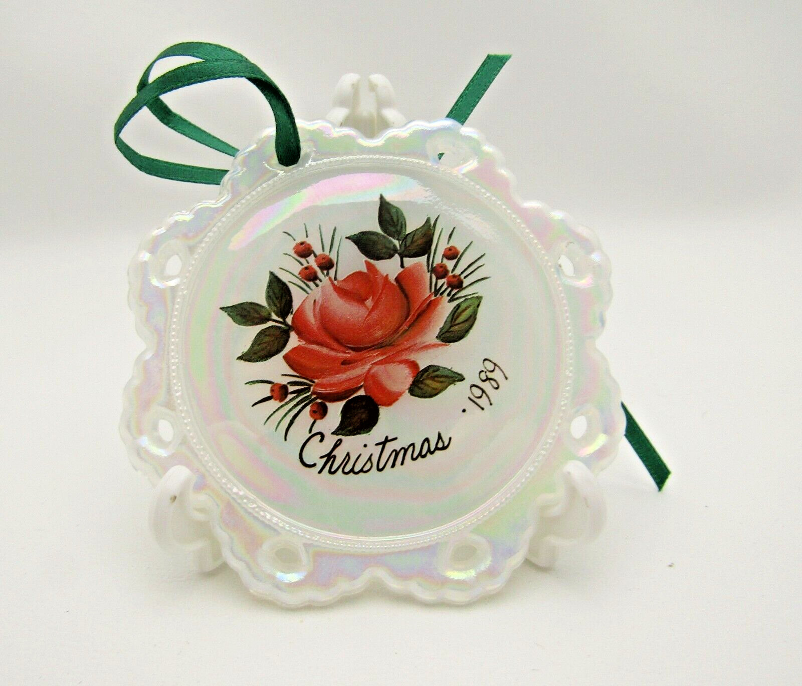 Fenton Glass 1989 White Iridescent Snowflake Floral Rose Christmas Ornament