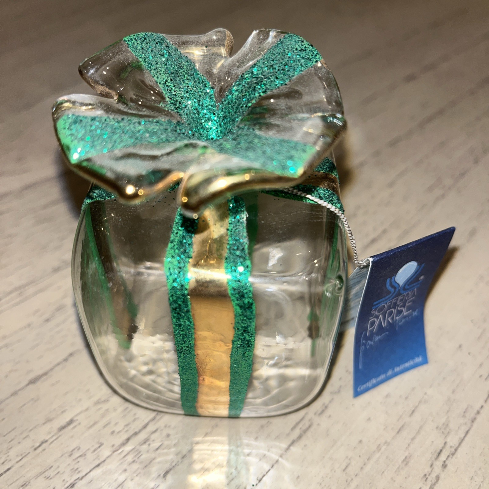 Italian Soffieria Parise Vetro Gift Box Hand Blown Art Glass Green & Gold Detail
