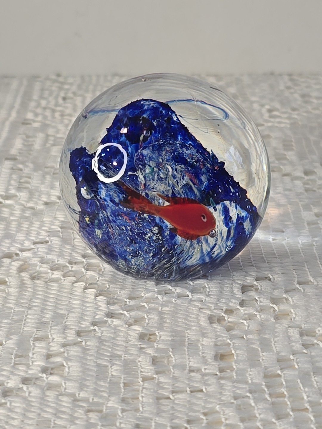 VTG Hand Blown Glass Paperweight Orb Multicolored Tropical Fish Aquarium Art