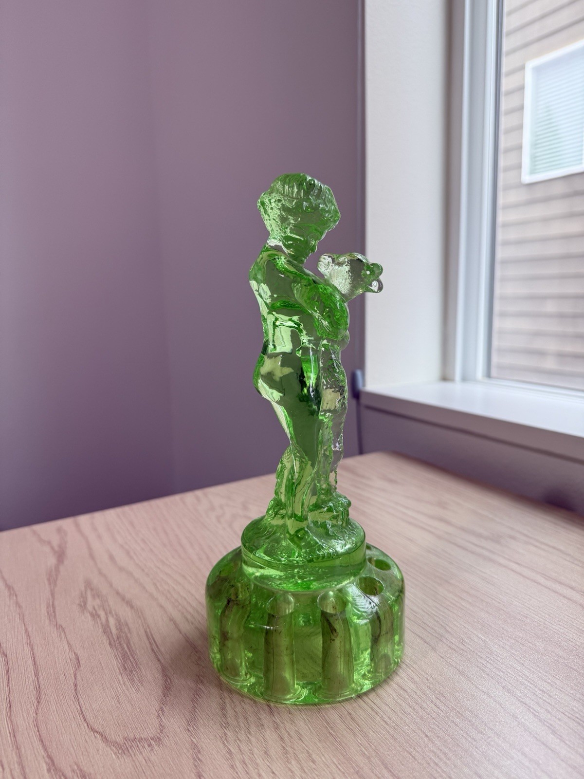 Cambridge Green Uranium Glass – Two Kid Flower Frog Boy & Goat – See Photos/read