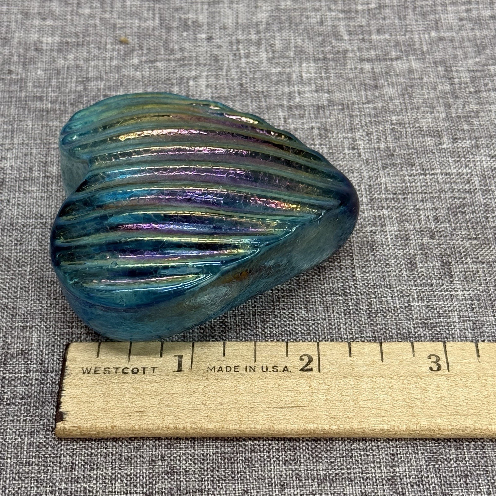 Robert Held Art Glass RHAG Blue Iridescent Striped Heart Paperweight 2.5”
