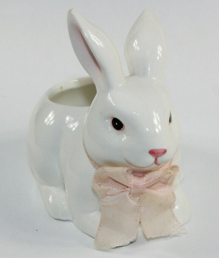 Vintage Pottery Rabbit Planter White Pink Ears Bow 4 3/4″ Tall 1960’s