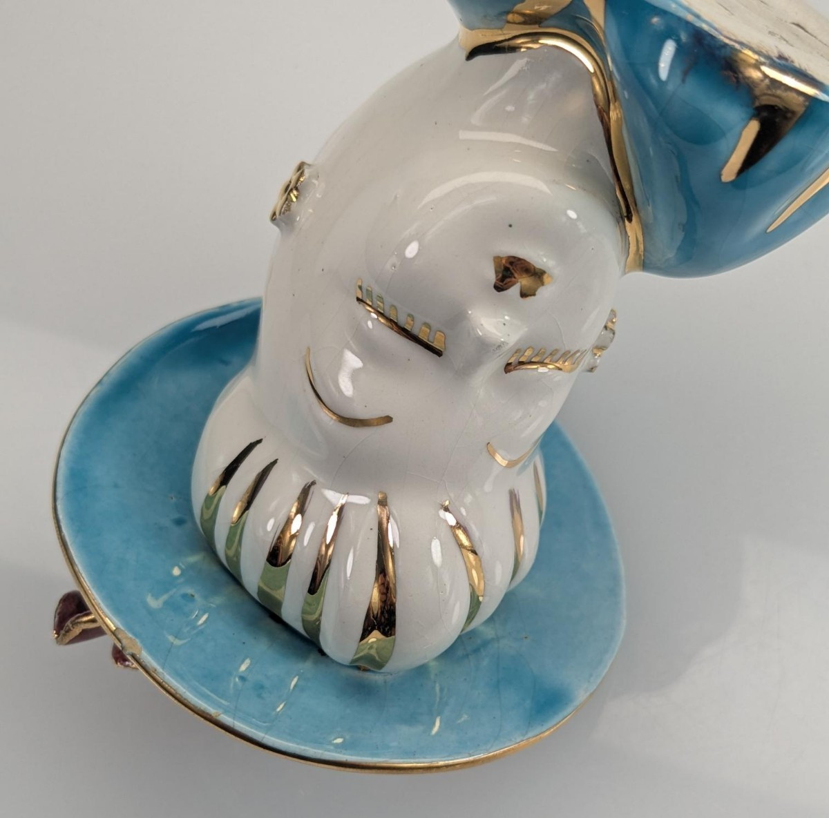 Vintage Lady Head Vase Mini Glamour Blue and Gold Broken Flowers & Bow