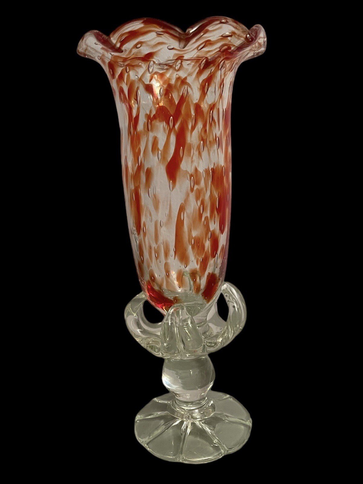 Hand Blown Glass Vase Red/Clear Scalloped Top Rare Find EUC