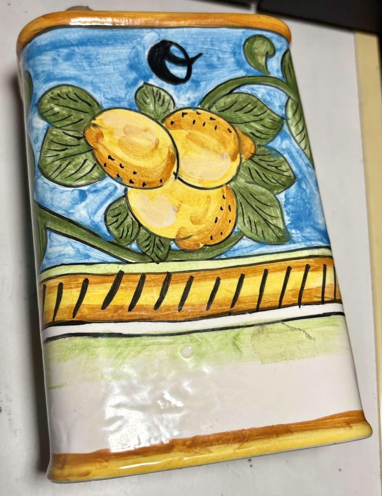 Italian Hand Painted Pottery Bottle Lemons Fruits Square Oil Vase 3 chips on top