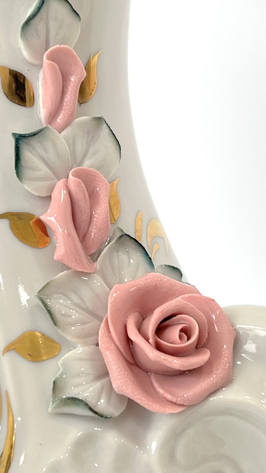 Glazur Ukraine Handmade Porcelain Vase 12.5″ H Gold Trim Pink Roses Mint EUC