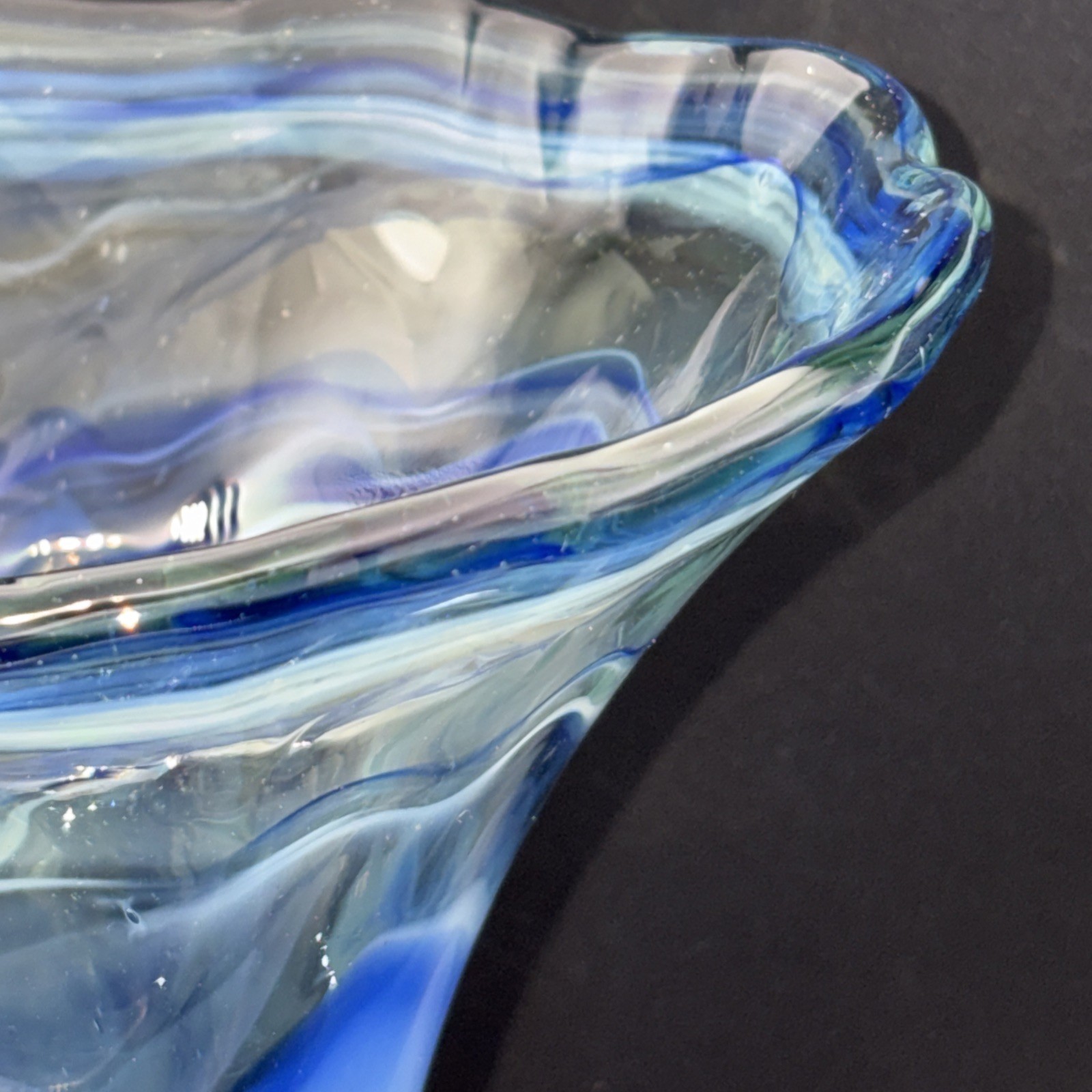 Vintage MCM Blue Swirl Art Glass Trumpet Vase 8″ Coiled Base Sooner Murano Style