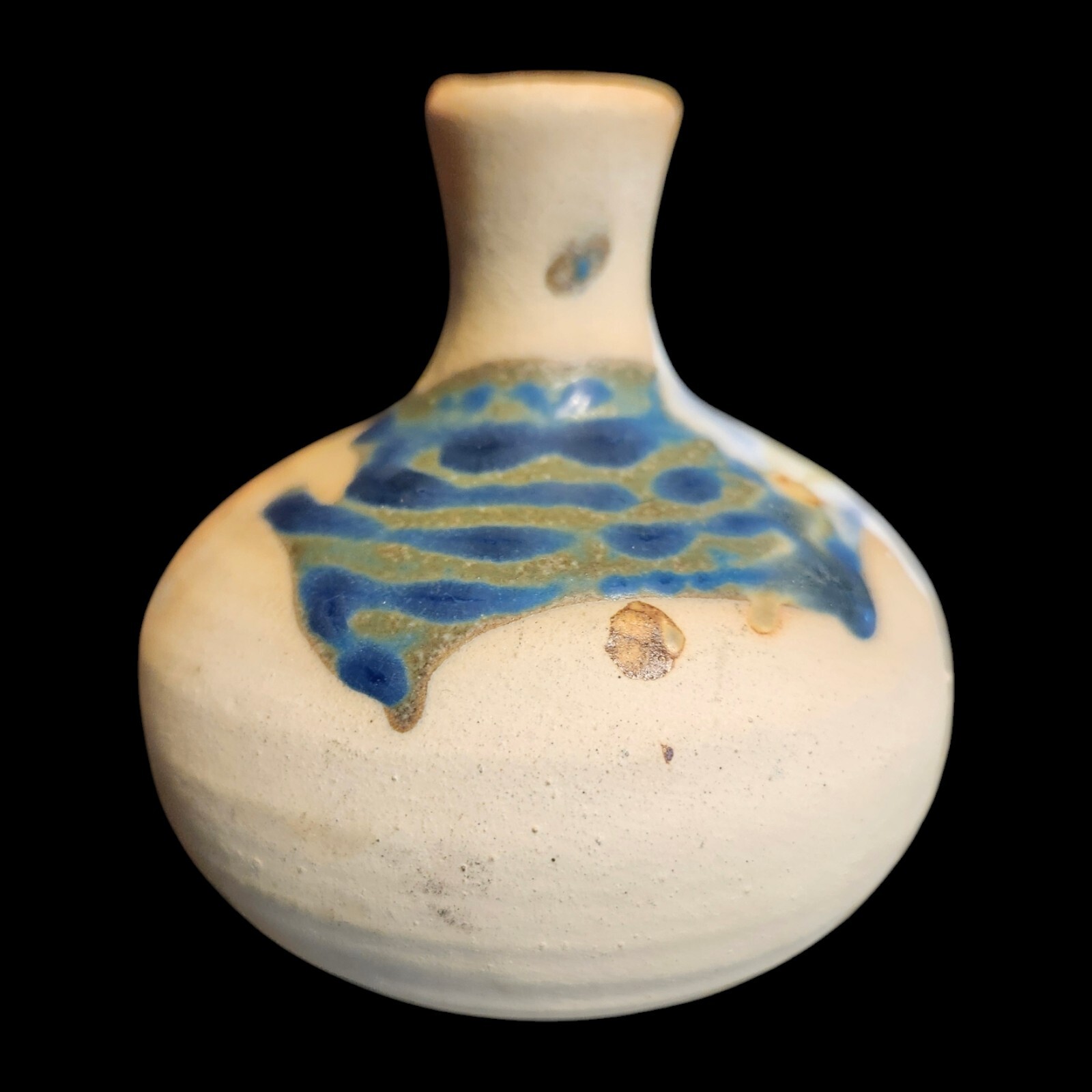 Studio Art Pottery Vase Drip Glaze 3.5″ Blue White Rust Tan Bud Rustic Vessel