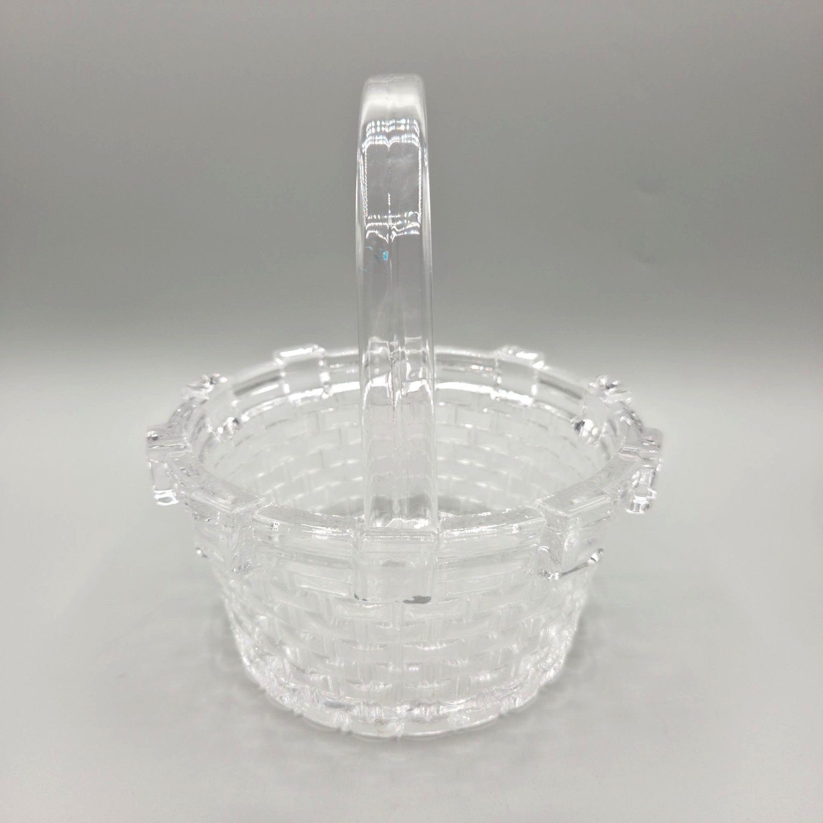 Basketweave Clear Glass Basket With Handle Candy Dish Vintage Inspired Look