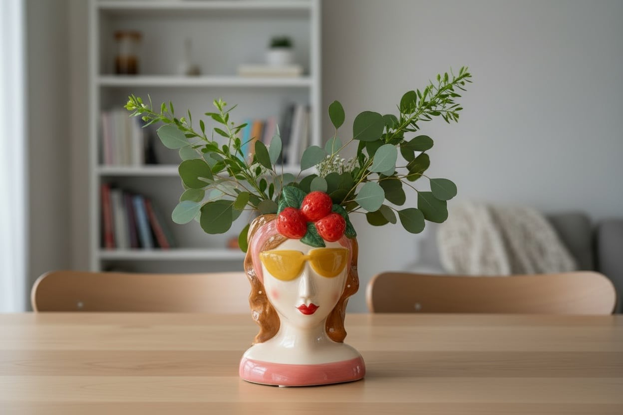 Strawberry Lady Head Ceramic Vase with Yellow Sunglasses