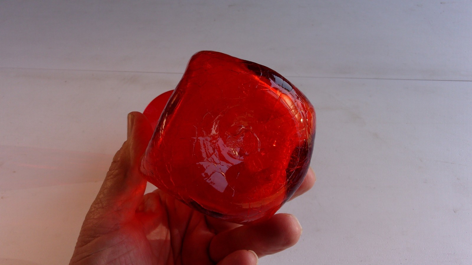 VTG Blenko Rainbow Glass Redish Orange Crackle Glass Pinched Body Art Glass Vase