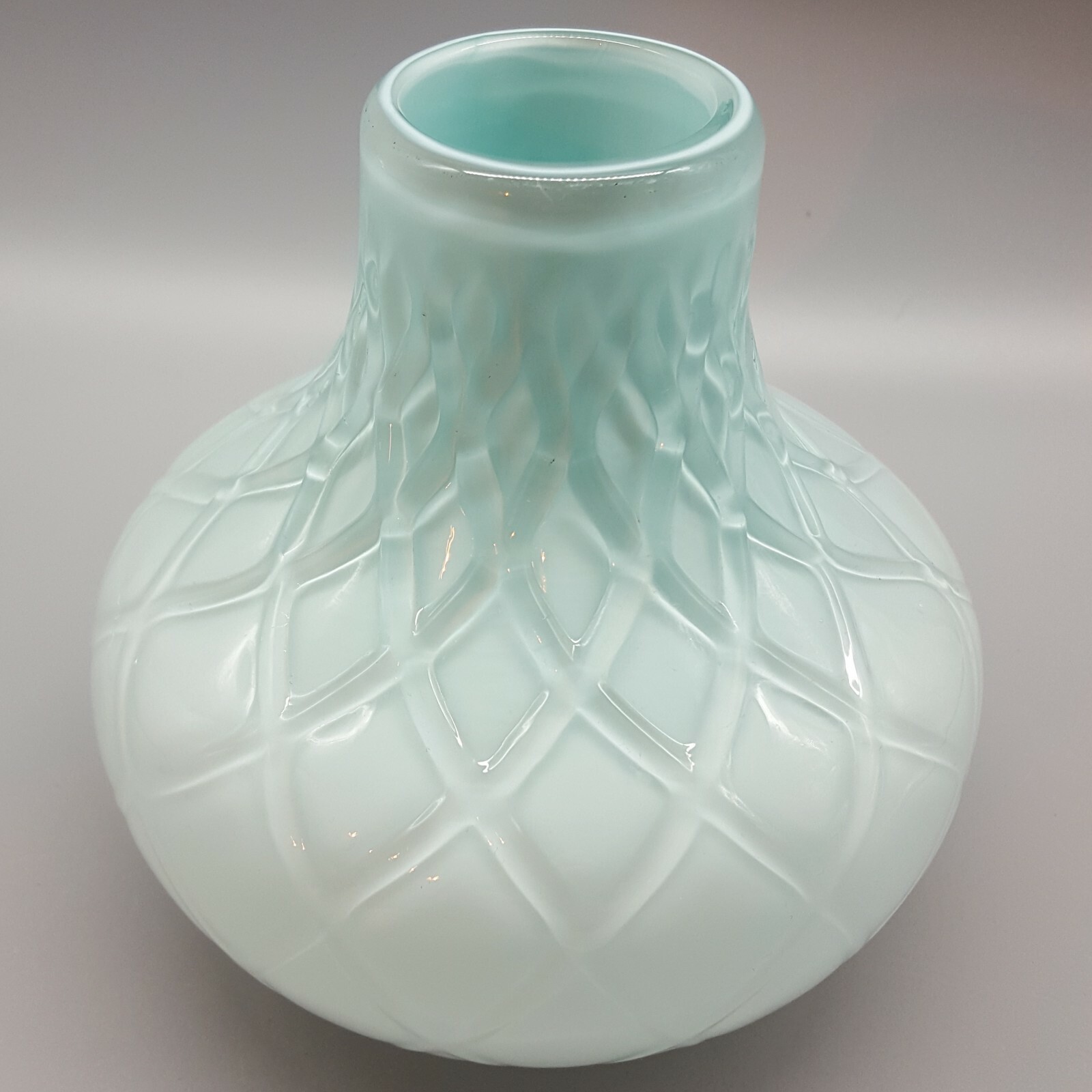 Diamond-Quilted Cased Glass Vase Robins Egg Baby Blue, 5.5″ Tall, ~5″ Wide Onion