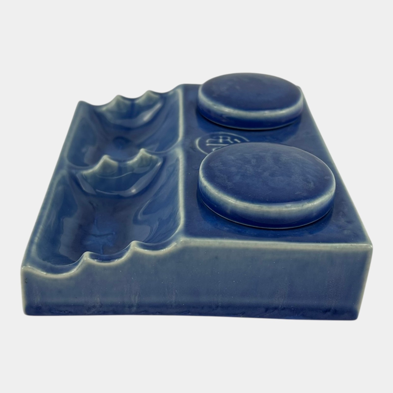 American Encaustic Tile Co AETCO Art Pottery Blue Advertising Ceramic Inkwell