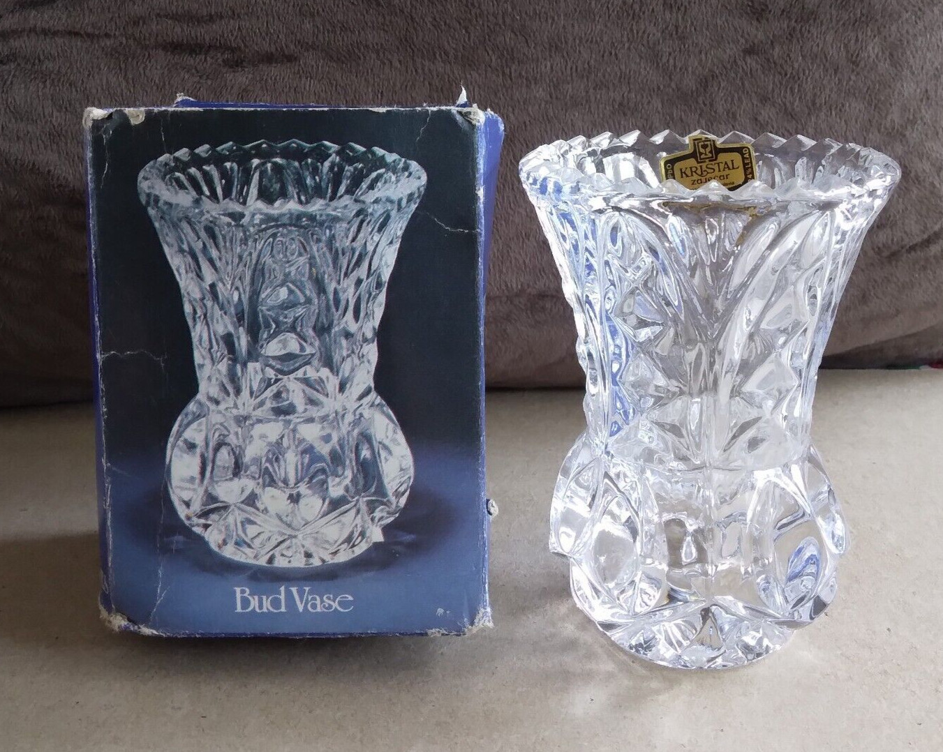 Lead crystal bud vase–Yugoslavia–Zajecar–very worn box–3.75″ tall–10 ounces
