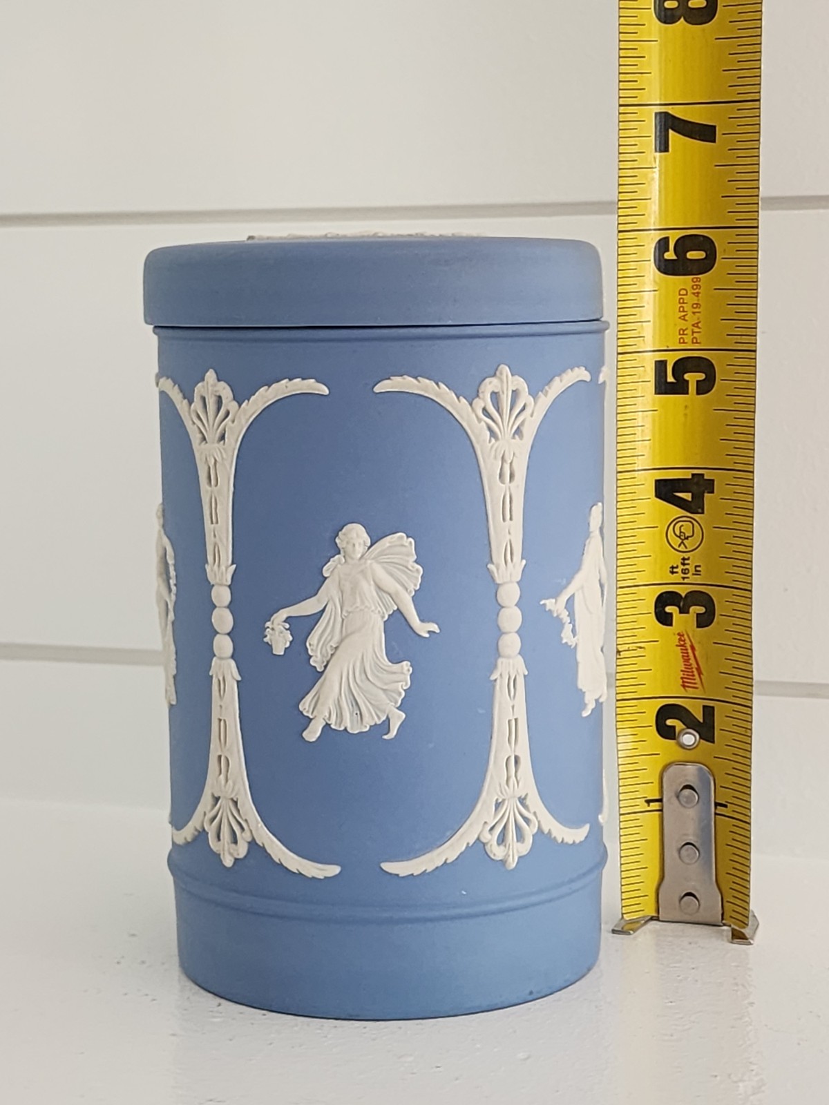 Large Wedgwood Light Blue Jasperware Dancing Hours Tea Canister Made for Harrods