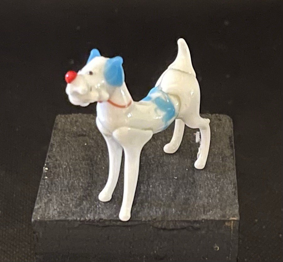 Hand Blown Colorful Murano Mini Dog Figure Spun Glass White & Blue