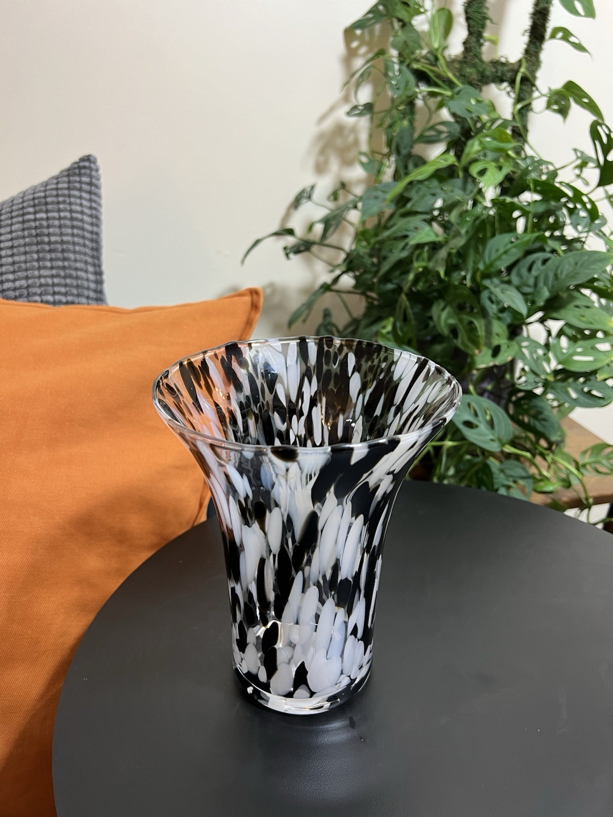 Vintage Hand Blown Art Glass Vase Black White Spatter Confetti Flared 7”