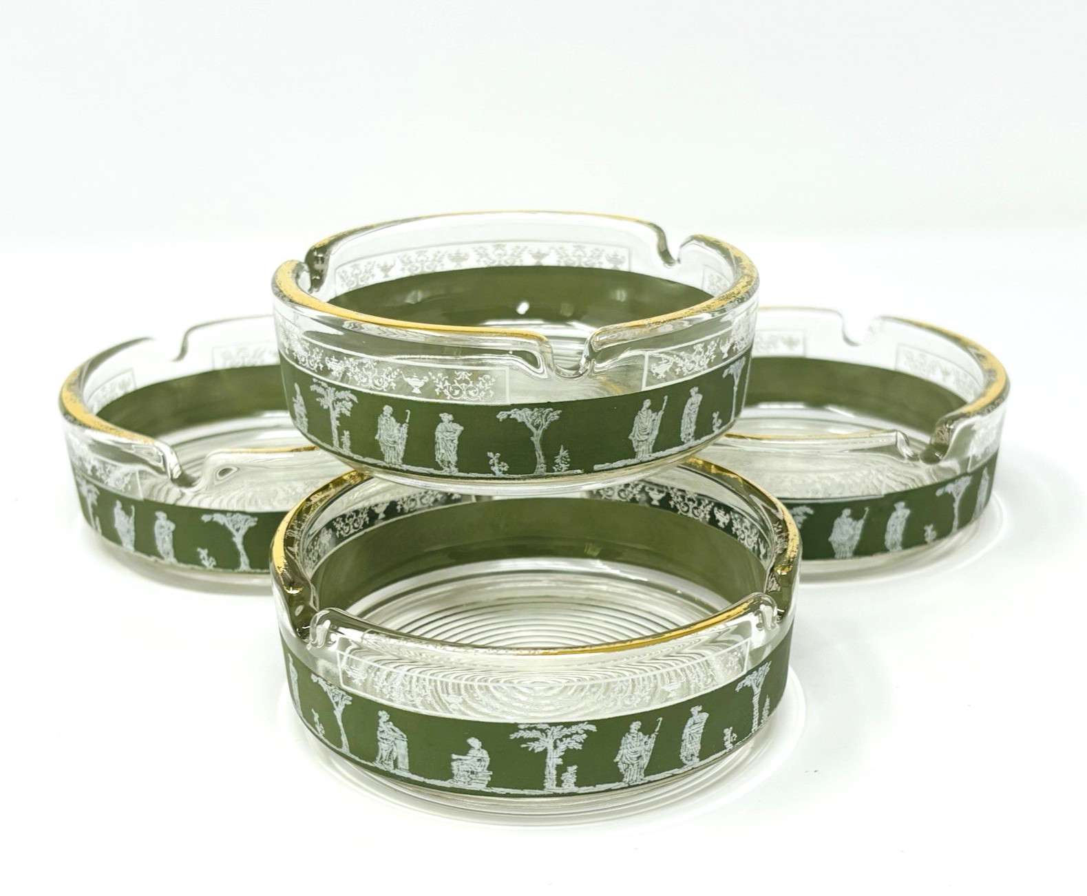 Vintage Jeanette Glass Grecian ASHTRAYS, Set of 4, MCM Wedgewood Green