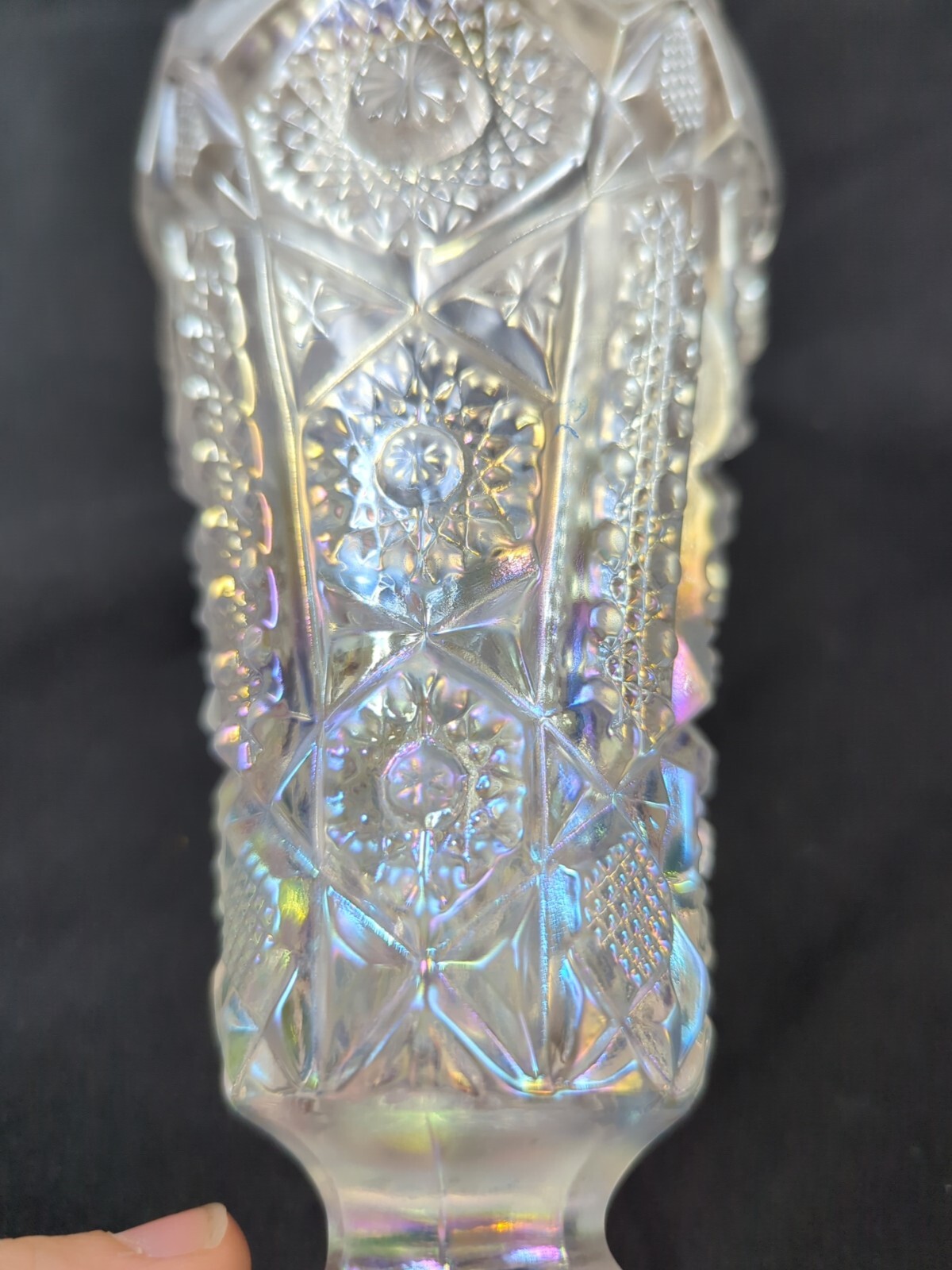 Imperial White Clear Frosted Octagon Iridescent Carnival Glass Vase 1970’s