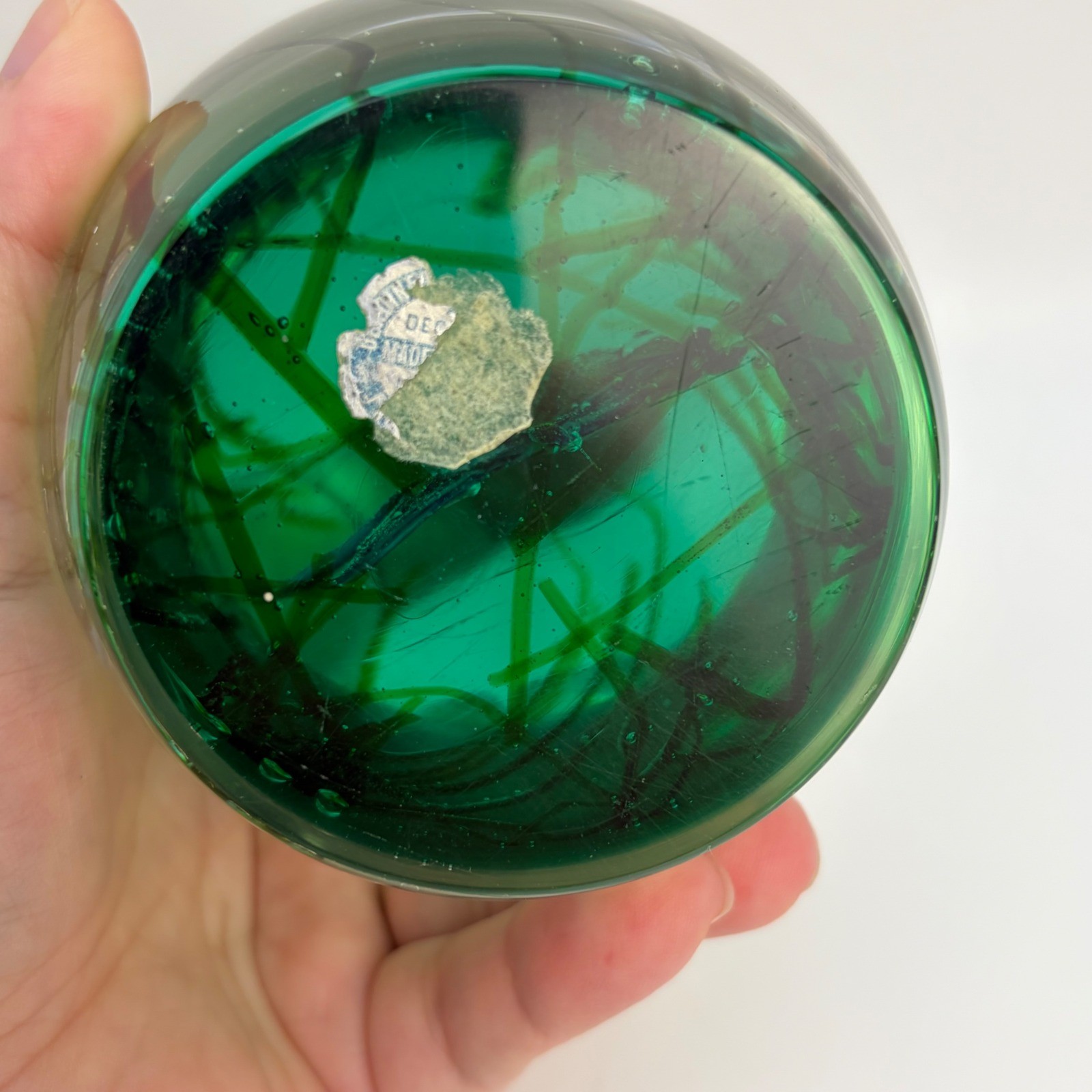 Vintage Art Glass Paperweight Green Blue Bubble Murano Style Heavy Glass Orb