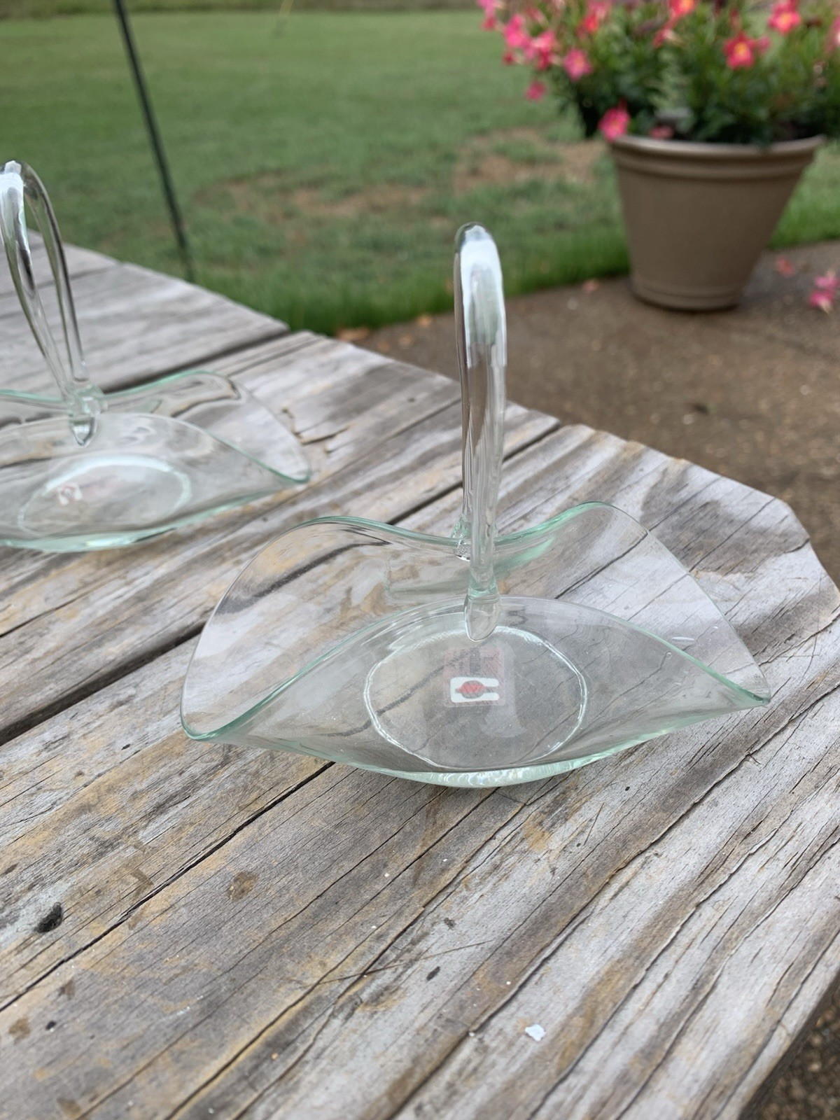 Vtg Art Glass Clear Green Recycled Basket Pinched Style La Mediterranean Spain