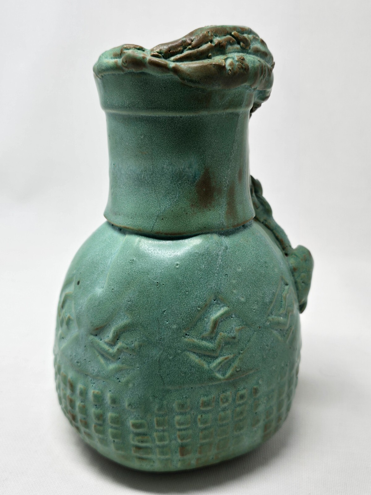 Very Unique Pottery Earthenware ? Green Vase – 8 3/4″ Tall 2 lbs 13 oz –
