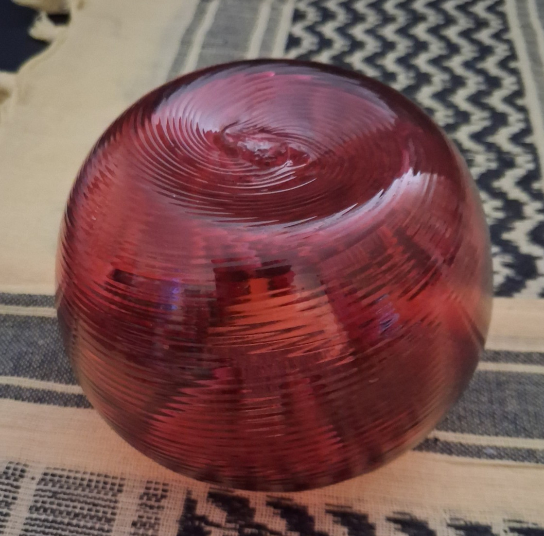 Antique Hand-blown Victorian Cranberry Glass 4″ Posy Bowl Horizontal Threaded