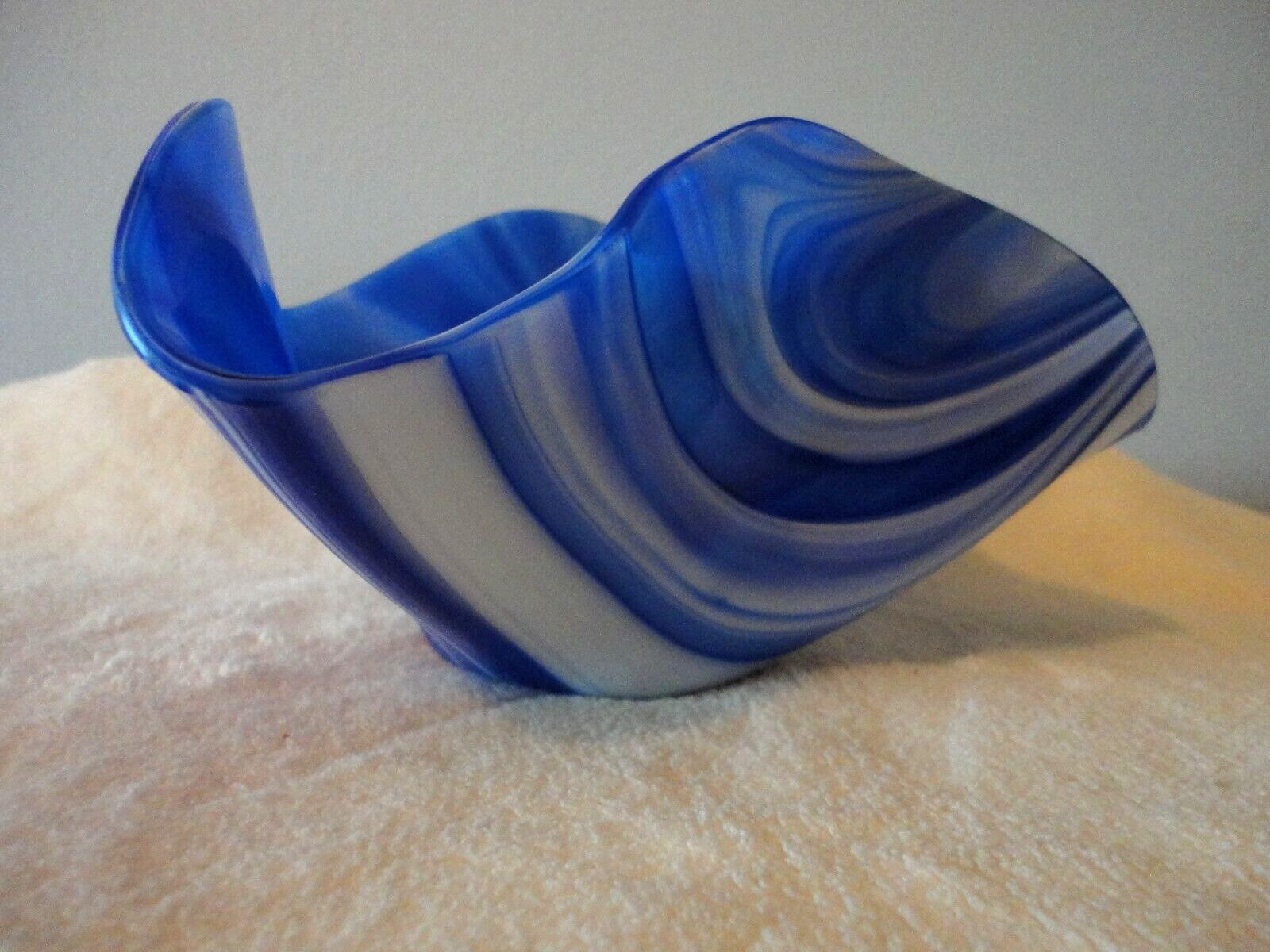 Vintage Blue White Slag Glass Handkerchief Bowl