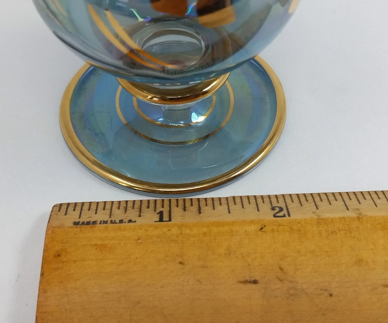 Vintage Blue Gold Egyptian Hand Blown Art Glass Mini Vase Delicate Boho 7.5″