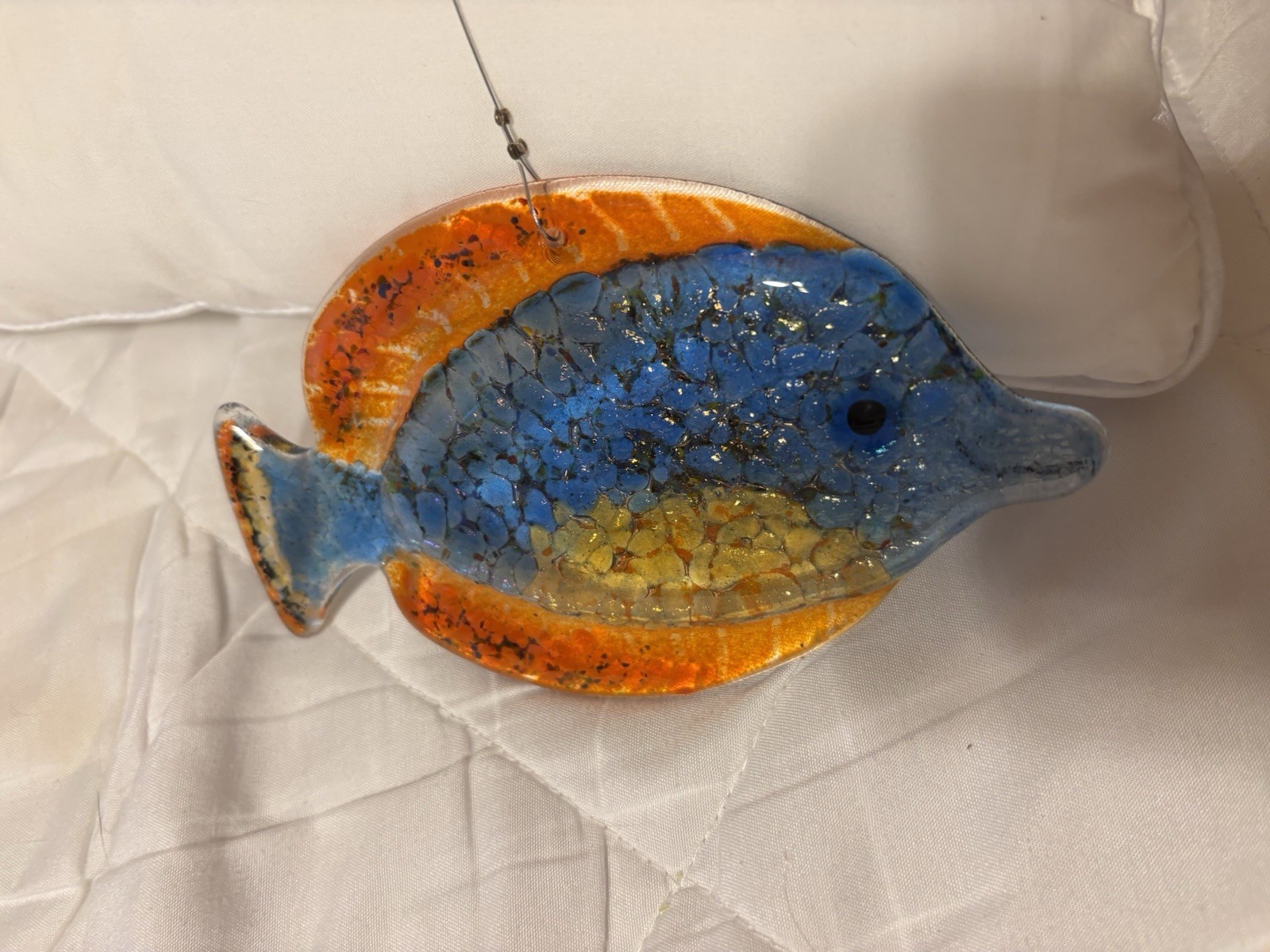 Fused Art Glass Colorful Blue Fish Ornament Suncatcher Signed