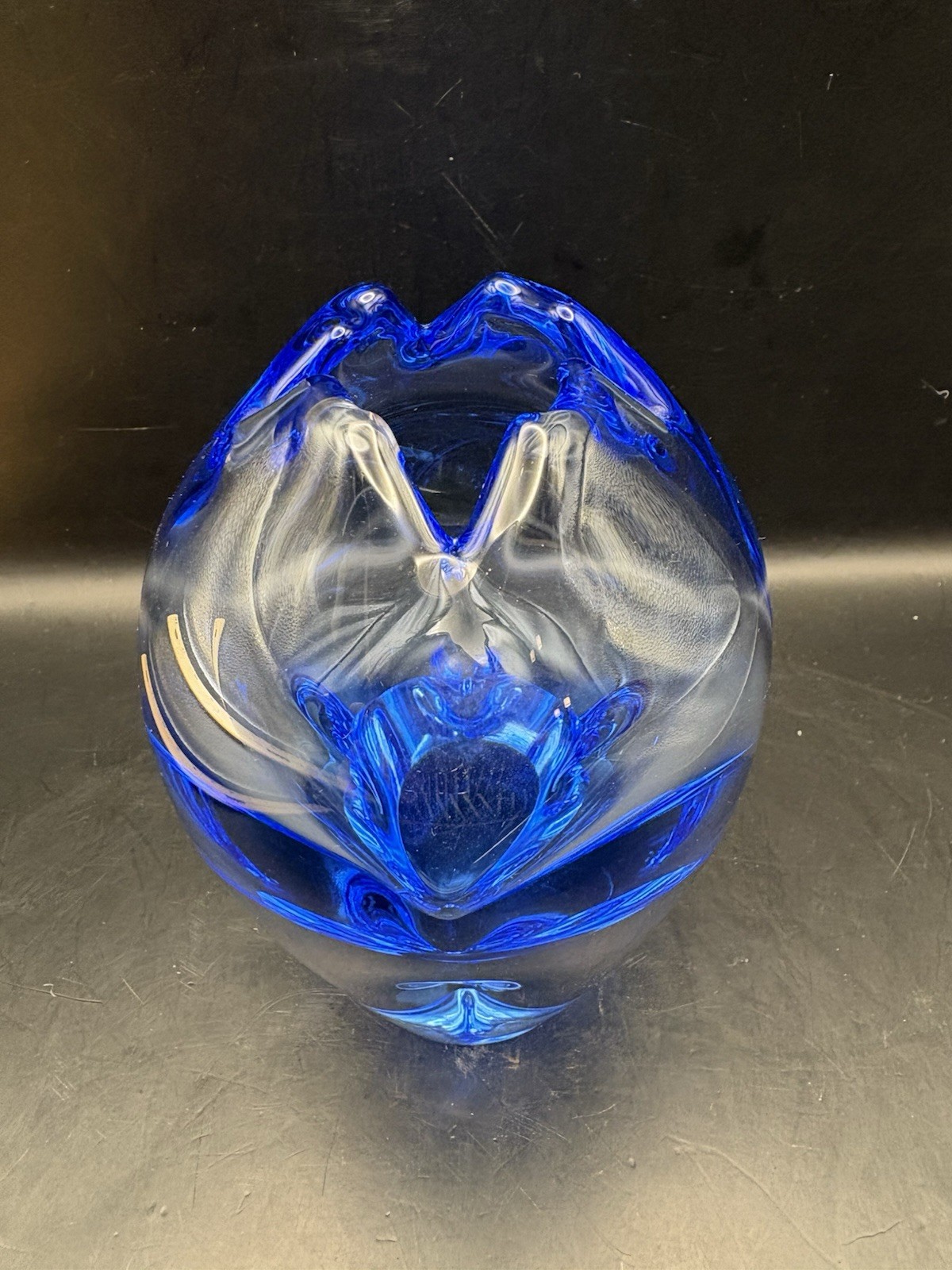 Bohemian Czech Cobalt Blue Art Glass Vase, 4.5 Tall