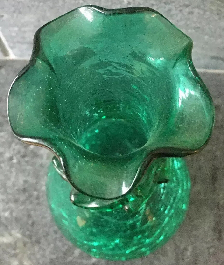 Vintage Crackle Art Glass Vase 7.5” Tall Emerald Green 3D Applied Rigoree EUC